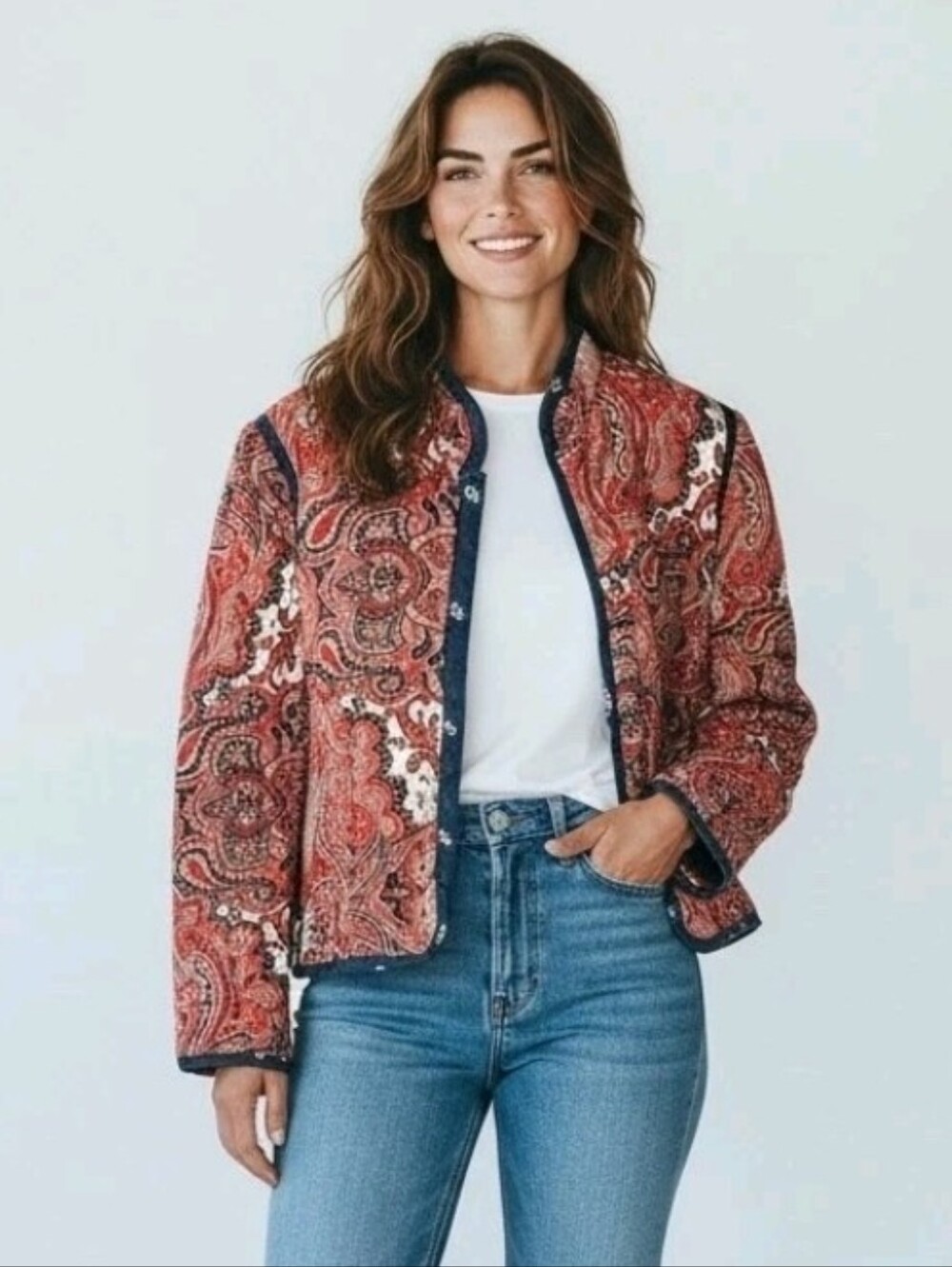 Anthropologie Quilted Paisley Jacket Red Blue Hook Eye Cropped Reversible
